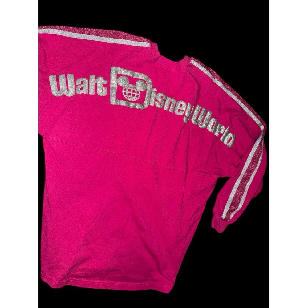 Disney Parks Walt Disney World Spirit Jersey Shirt Hot Pink Silver Glitter sz M - Picture 2 of 10